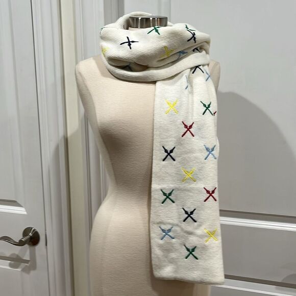 Mark & Graham Embroidered Ski Scarf Ivory Wool Blend Multicolor Ski Poles - Picture 5 of 12